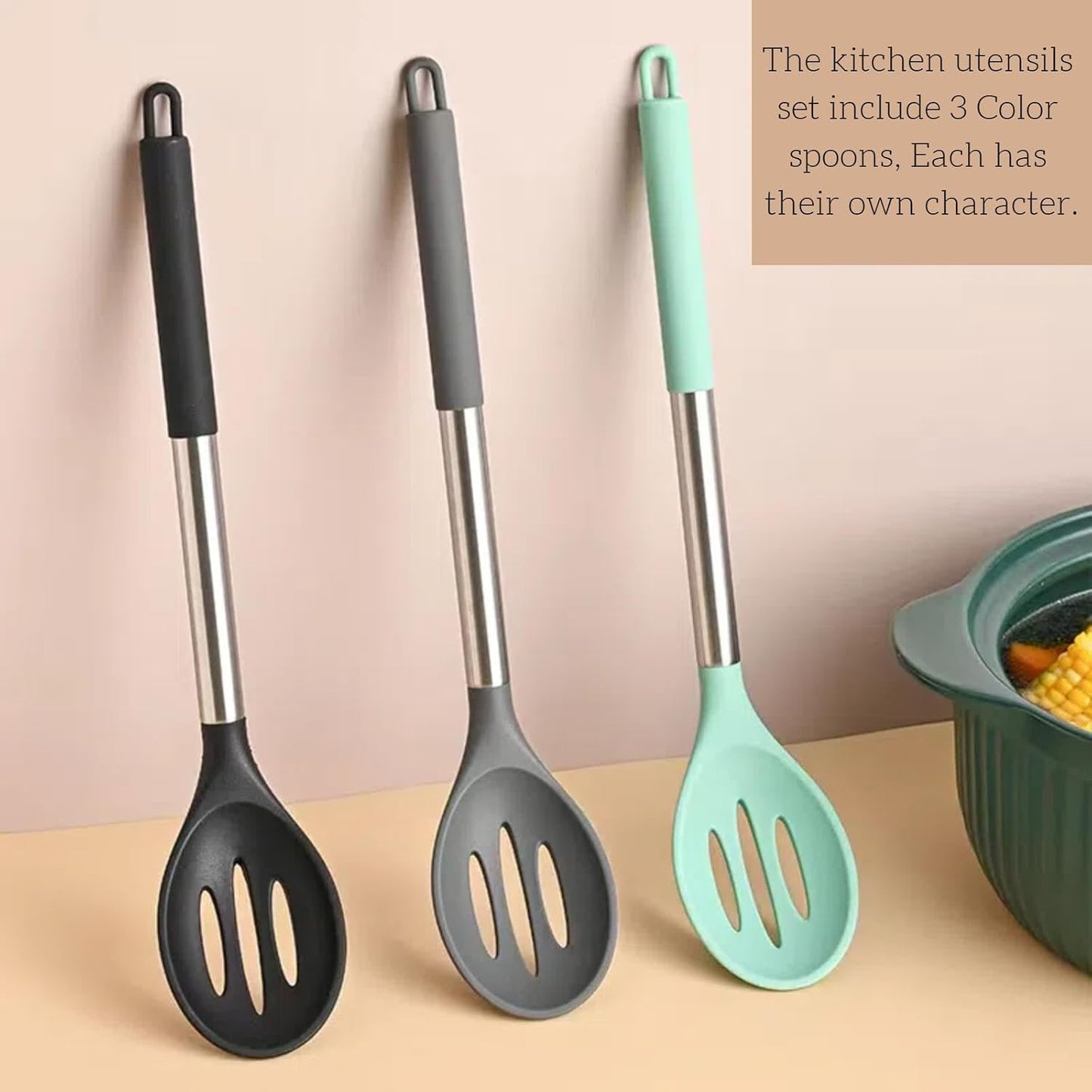 Silicone Slotted Cooking Spoon Set (13.2"), 3-Pack Large Stainless Steel Handle Non Stick Skimmer Spoon Heat Resistant 600°F, Ladle Strainers, Kitchen Utensils for Mixing Draining Frying