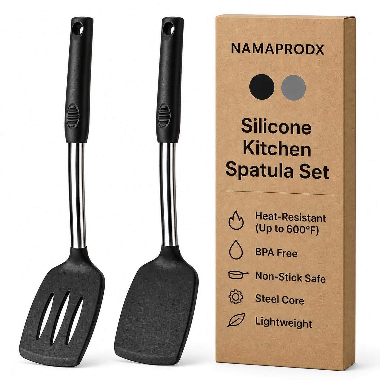 Silicone Spatula Set (2-Pc) - 600°F Heat Resistant, BPA Free, Non-Scratch, Dishwasher Safe I Slotted & Solid Kitchen Spatula Turners I Ideal for Eggs, Pancakes, Fish I Stainless Steel I Gray