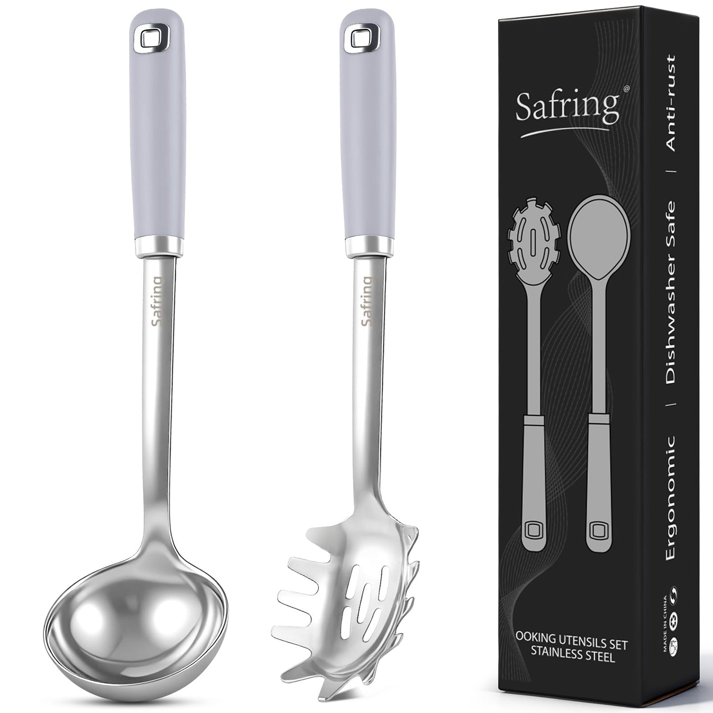 Safring Stainless Steel Soup Ladle and Spaghetti Spoon Set, Heat Resistant Rubber Handle, Dishwasher Safe, Kitchen Utensils for Cooking, Stirring, Serving Pasta, Soup & Sauce