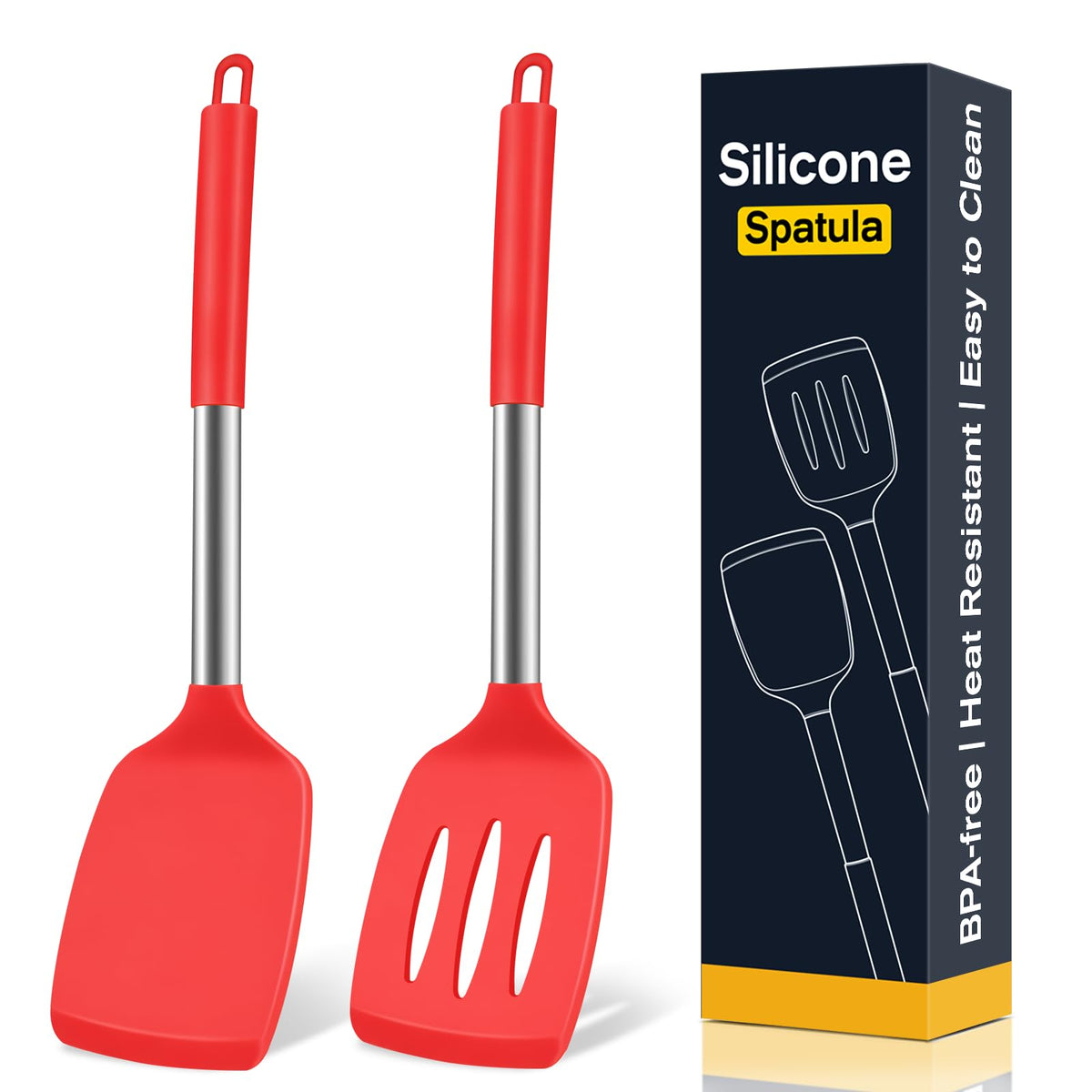 2 Pack Silicone Spatula Set, Solid & Slotted Turner for Non-Stick Pans, High Heat Resistant Silicone Spatula for Cooking, BPA-Free Stainless Steel Cooking Utensils for Fish, Eggs, Pancakes, Black