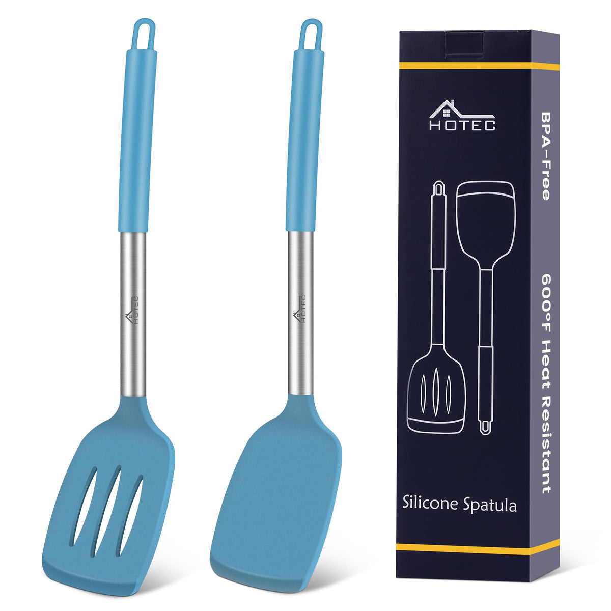 HOTEC Silicone Spatula Set of 2 Heat-Resistant 600°F & BPA-Free Kitchen SaptulaTurner with Stainless Steel Handles, Slotted & Solid Spatulas for Nonstick Cookware, 13.7 Inch, Classic Blue