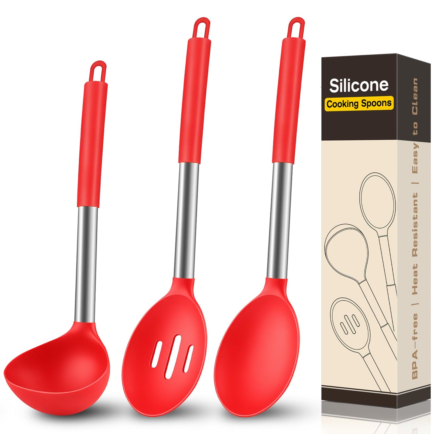3 Pcs Silicone Cooking Spoon Set, Kitchen Utensils Include Solid & Slotted Spoon, Soup Ladle, Food-Grade Heat Resistant, Non-Scratch Spoons for Serving, Stirring, Draining, Dishwasher Safe, Black