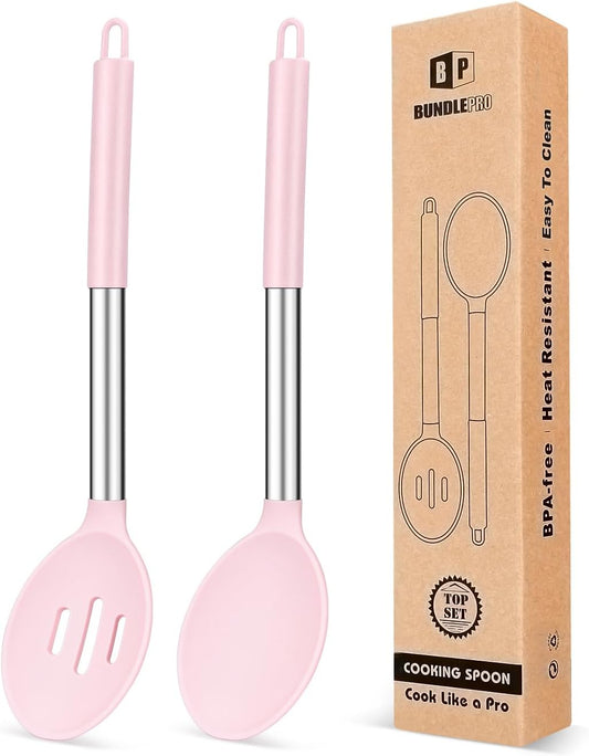 BUNDLEPRO Silicone Cooking Spoons for Nonstick Cookware, 2 Pack, Pink