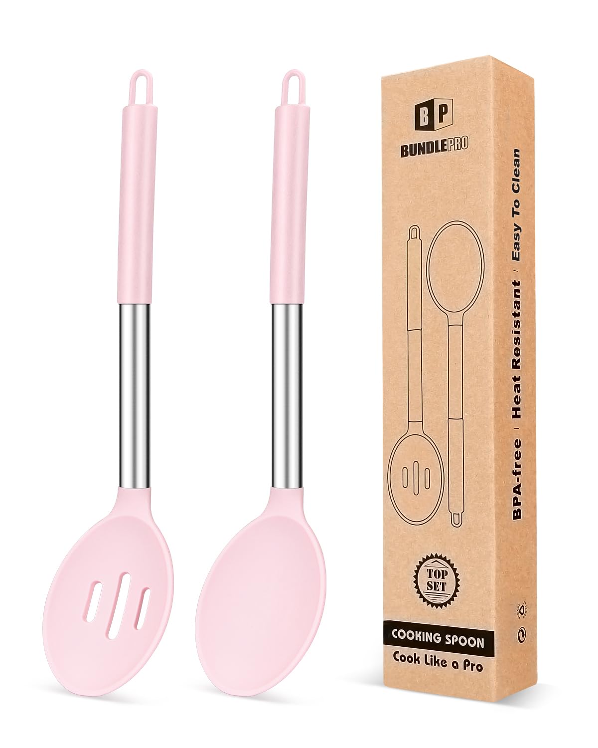 BUNDLEPRO Silicone Cooking Spoons for Nonstick Cookware, 2 Pack, Pink
