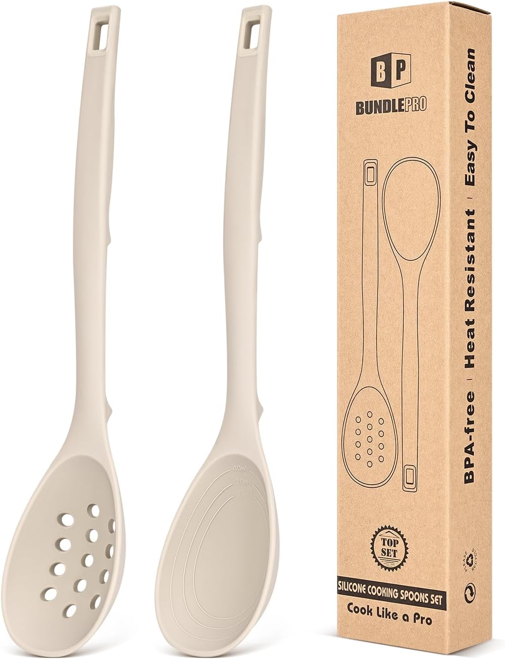 Pack of 2 Silicone Cooking Spoons, Non Stick Solid Kitchen Spoon with Measuring Marks & Back Hooks, Heat Resistant Silicone Slotted Spoon for Cooking, Mixing, Stirring,Serving(KHAKI)