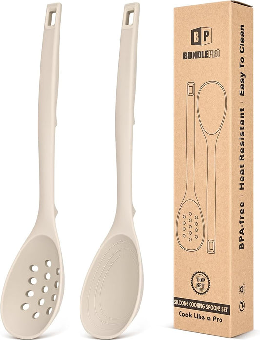 Pack of 2 Silicone Cooking Spoons, Non Stick Solid Kitchen Spoon with Measuring Marks & Back Hooks, Heat Resistant Silicone Slotted Spoon for Cooking, Mixing, Stirring,Serving(KHAKI)