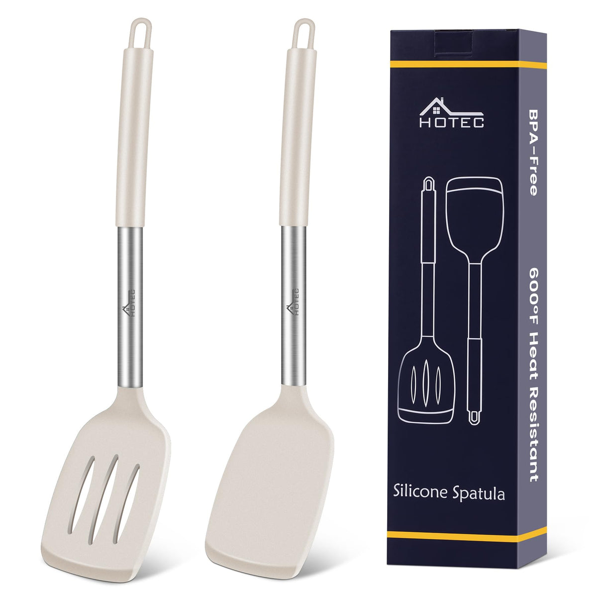 HOTEC Silicone Spatula Set of 2 Heat-Resistant 600°F & BPA-Free Kitchen SaptulaTurner with Stainless Steel Handles, Slotted & Solid Spatulas for Nonstick Cookware, 13.7 Inch, Classic Blue