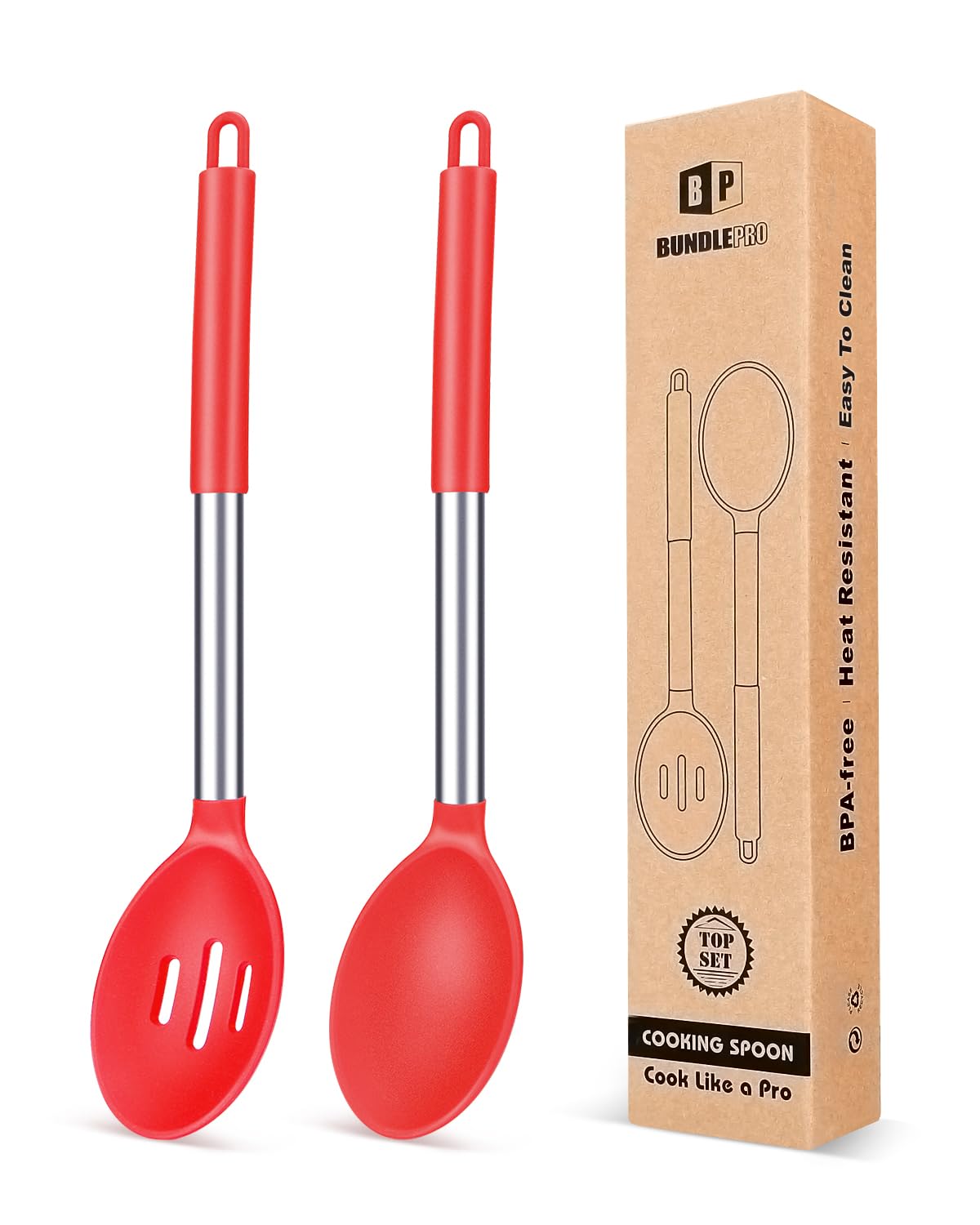 BUNDLEPRO Silicone Cooking Spoons for Nonstick Cookware, 2 Pack, Pink