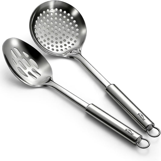 Berglander Kitchen Skimmer Slotted Spoons for Straining 2 pcs 13", Stainless Steel Kitchen Spider Strainer Ladle Spoon for Straining Pasta/Cooking/Frying/Noodle, Metal Kitchen Utensils Pasta Spoon