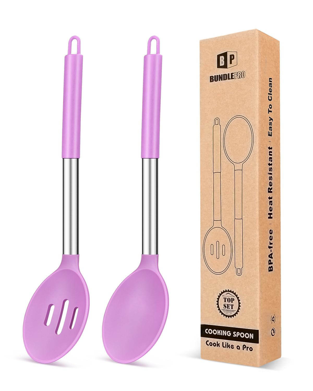 BUNDLEPRO Silicone Cooking Spoons for Nonstick Cookware, 2 Pack, Pink