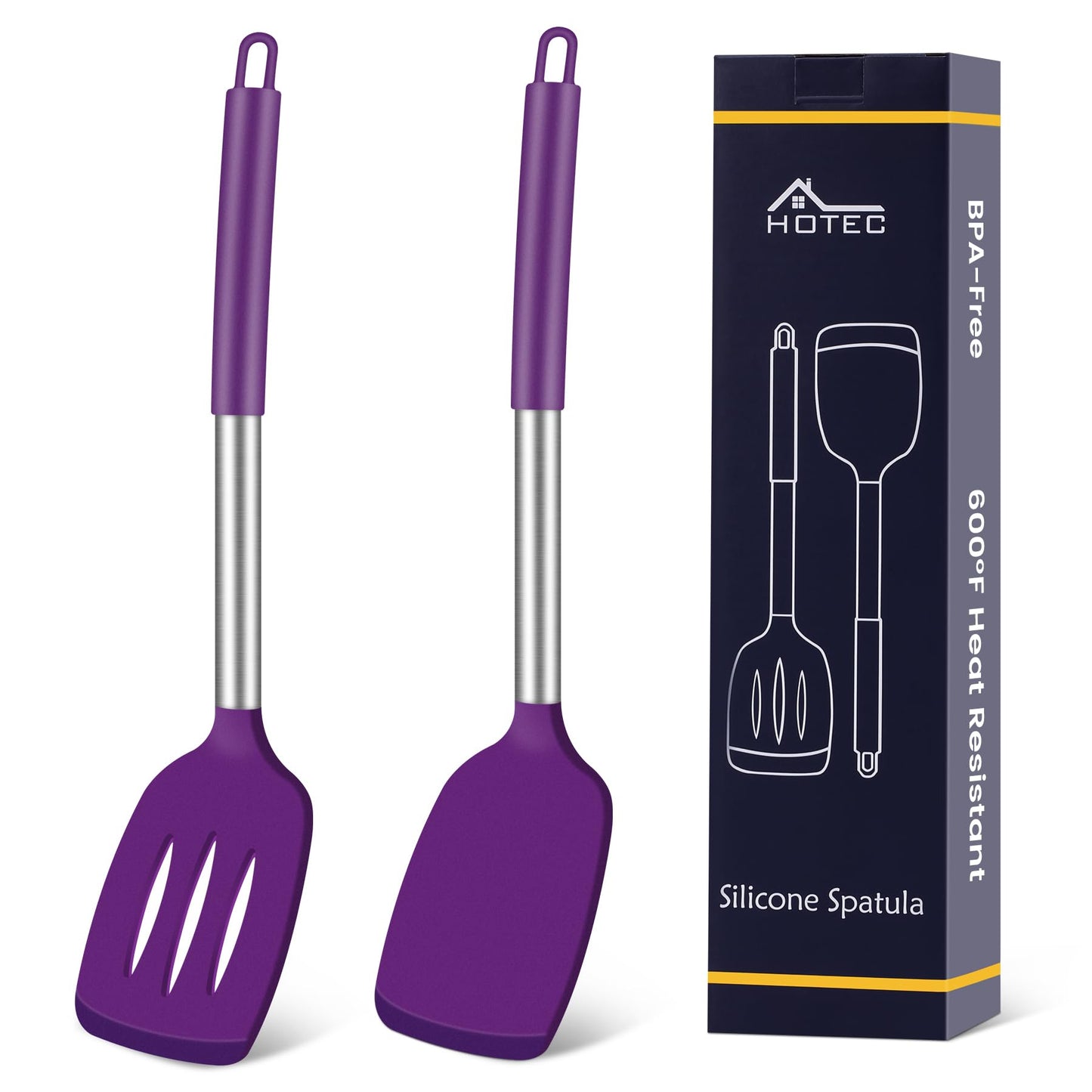 HOTEC Silicone Spatula Set of 2 Heat-Resistant 600°F & BPA-Free Kitchen SaptulaTurner with Stainless Steel Handles, Slotted & Solid Spatulas for Nonstick Cookware, 13.7 Inch, Classic Blue
