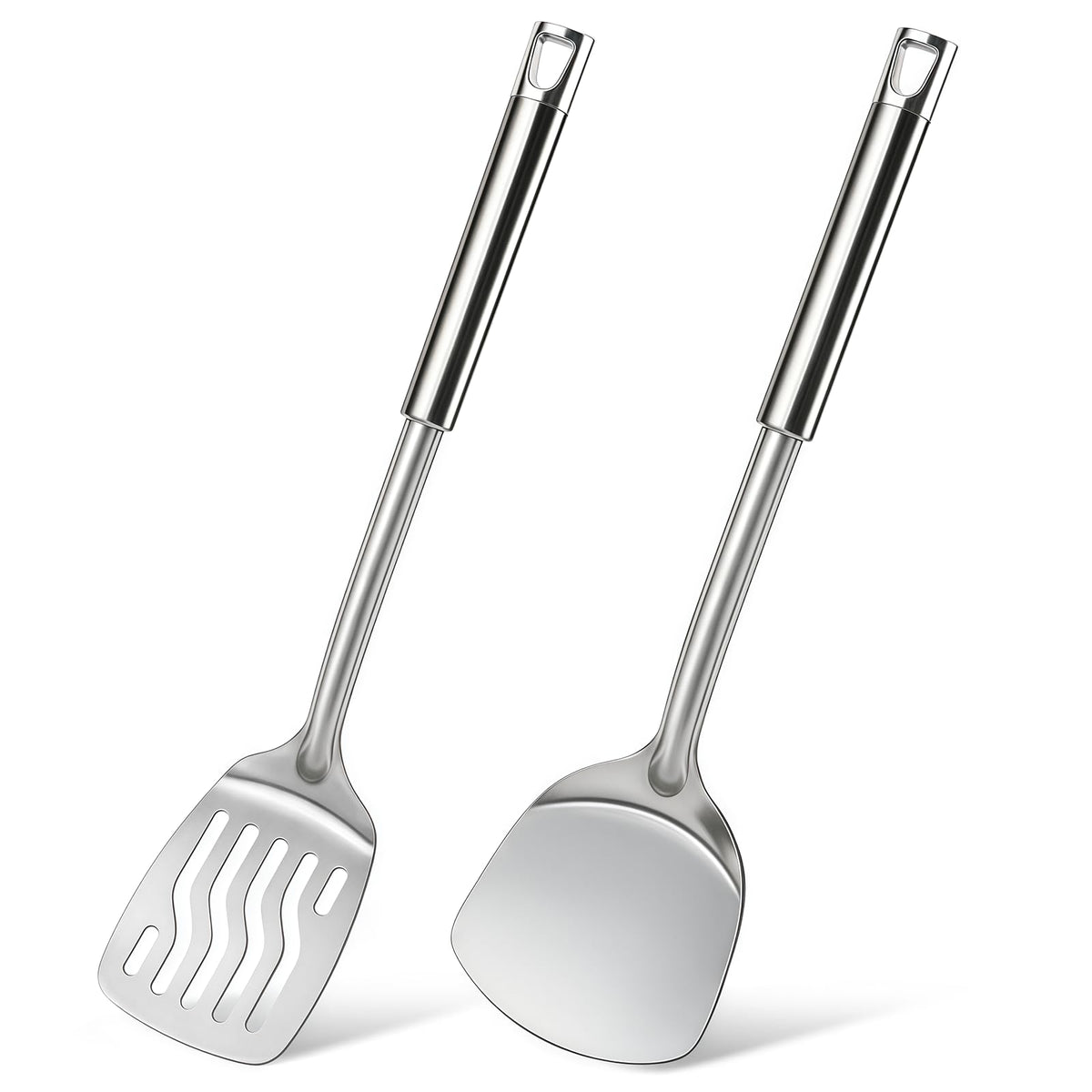 2 Pcs Stainless Steel Spatulas Set, Metal Spatula Solid & Slotted Turner, Heavy Duty Sturdy Spatula for Kitchen Use, High Heat Resistant Cooking Utensils for Fish Eggs Pancakes, Easy to Clean, Silver