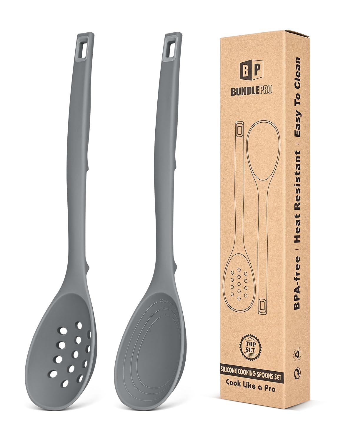 Pack of 2 Silicone Cooking Spoons, Non Stick Solid Kitchen Spoon with Measuring Marks & Back Hooks, Heat Resistant Silicone Slotted Spoon for Cooking, Mixing, Stirring,Serving(KHAKI)
