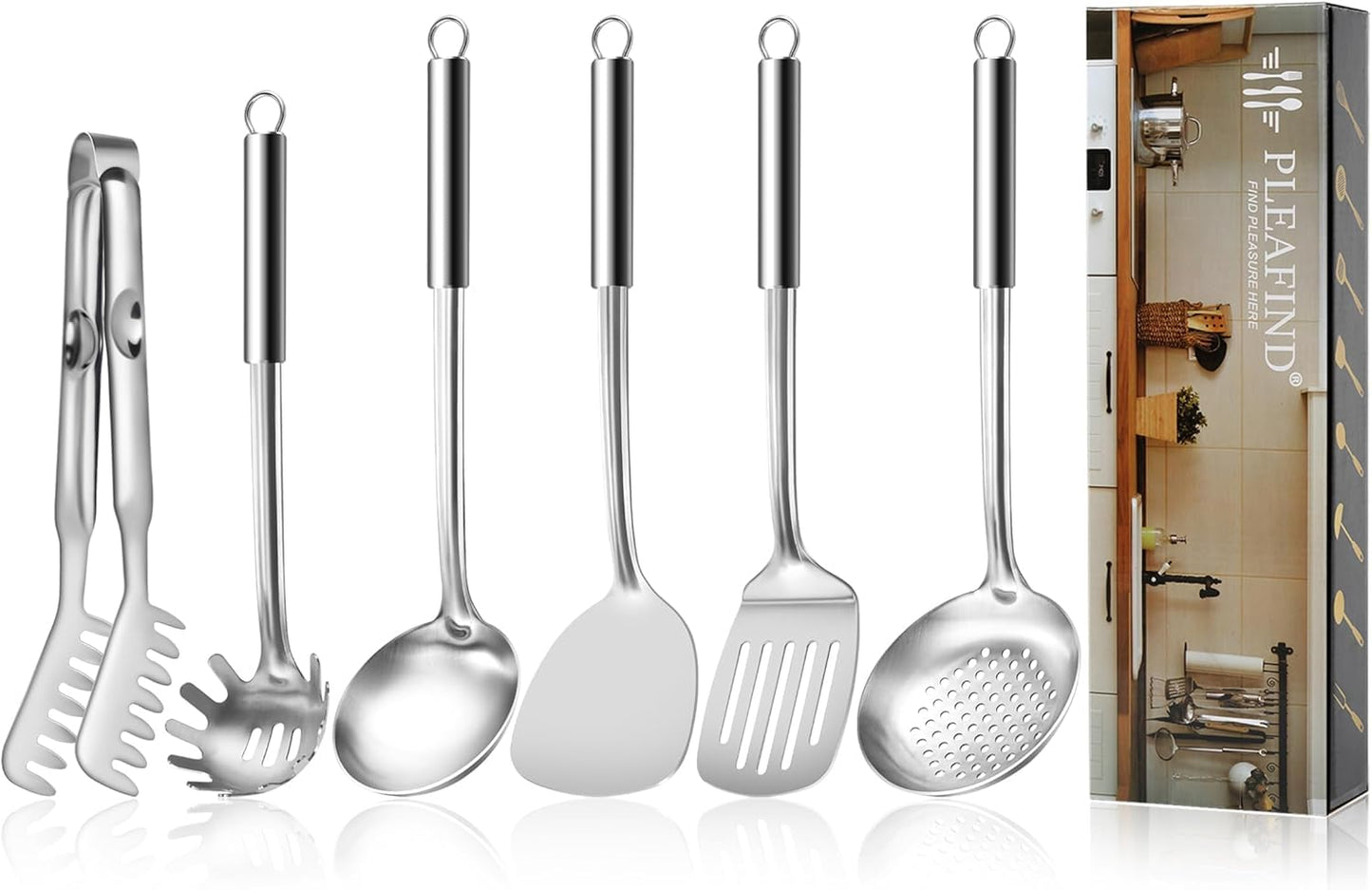 Pleafind Cooking Utensils Set - 4 Pcs Stainless Steel Kitchen Utensils Set with Solid Turner, Slotted Turner, Serving Ladle, Slotted Spoon, Wok Utensils Set with Heat Resistant Handle, Dishwasher Safe