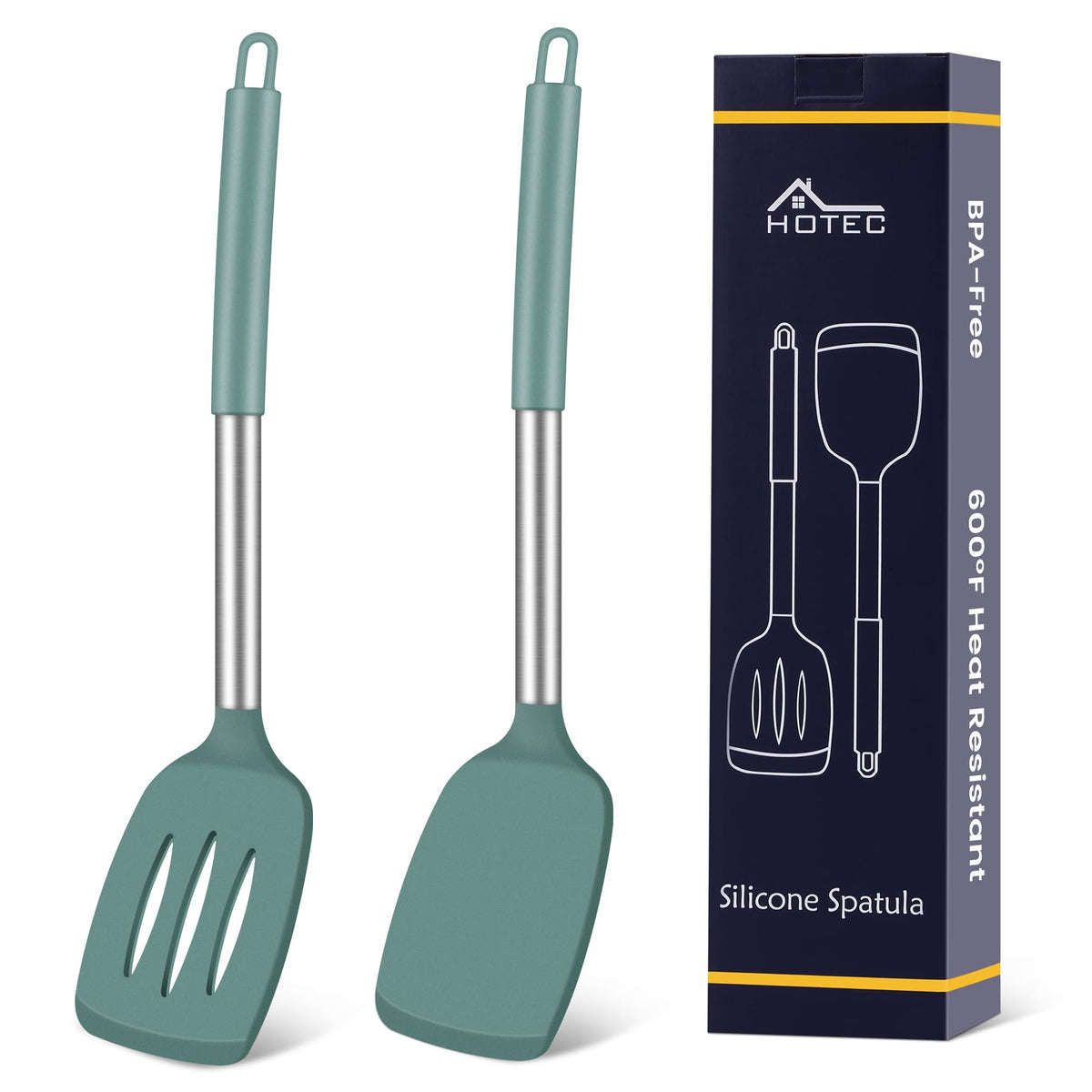 HOTEC Silicone Spatula Set of 2 Heat-Resistant 600°F & BPA-Free Kitchen SaptulaTurner with Stainless Steel Handles, Slotted & Solid Spatulas for Nonstick Cookware, 13.7 Inch, Classic Blue