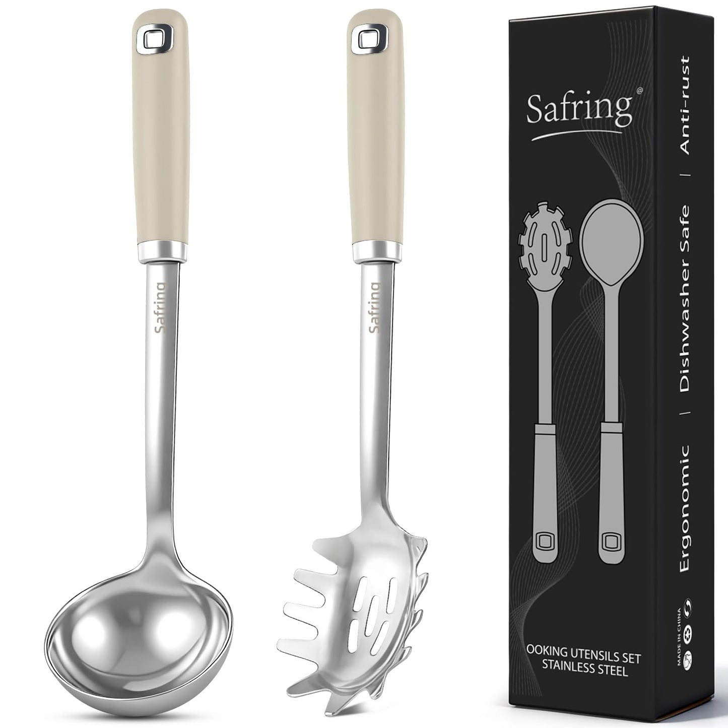 Safring Stainless Steel Soup Ladle and Spaghetti Spoon Set, Heat Resistant Rubber Handle, Dishwasher Safe, Kitchen Utensils for Cooking, Stirring, Serving Pasta, Soup & Sauce