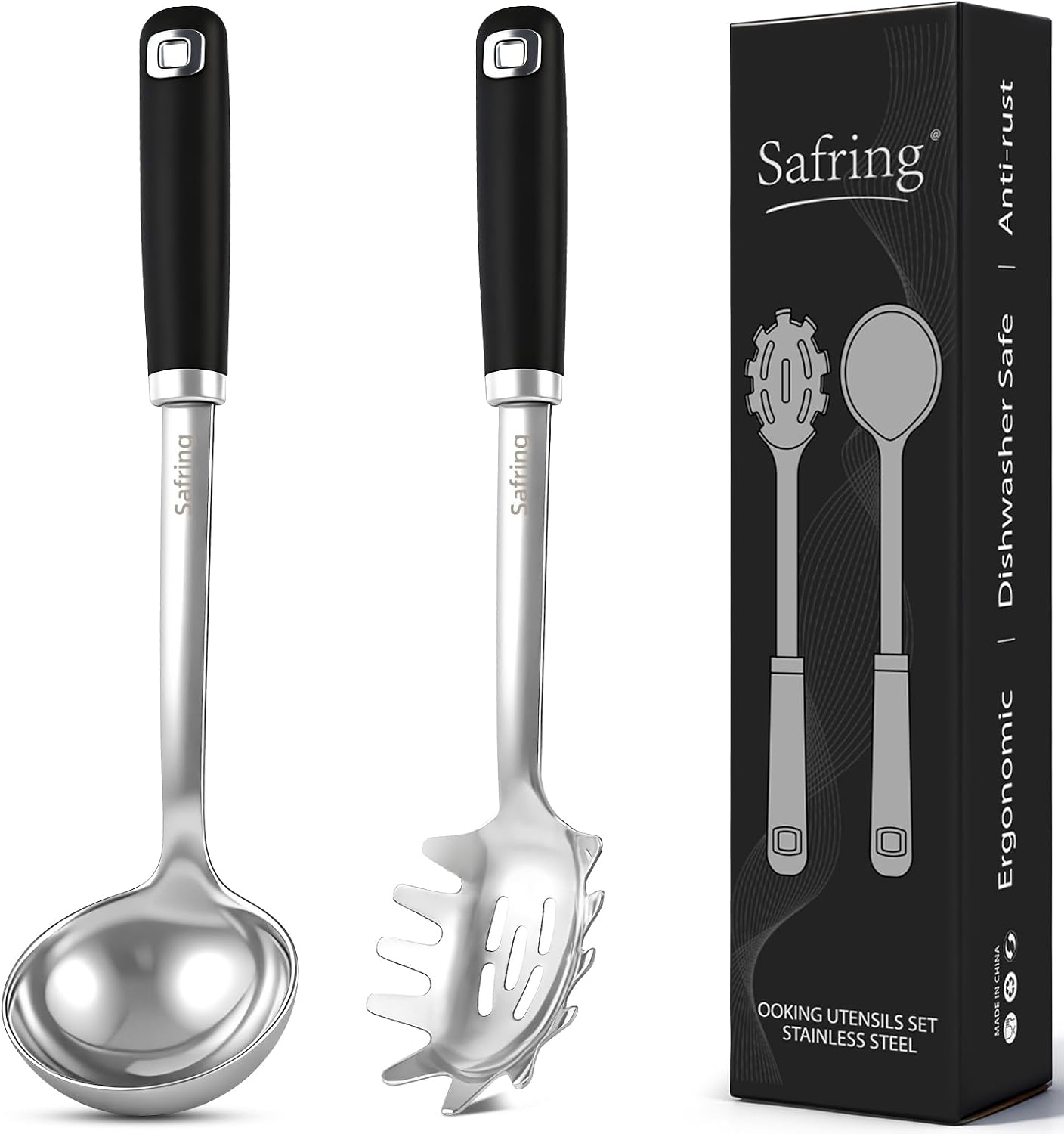 Safring Stainless Steel Soup Ladle and Spaghetti Spoon Set, Heat Resistant Rubber Handle, Dishwasher Safe, Kitchen Utensils for Cooking, Stirring, Serving Pasta, Soup & Sauce