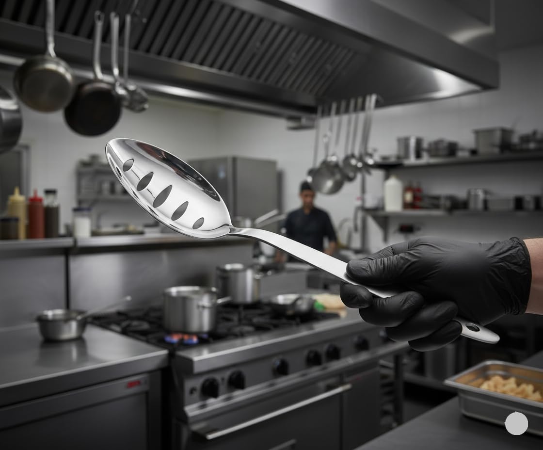 Chef Kunz Slotted Spoon | 9 Inch 18/10 Stainless Steel Silver Chef Cooking Spoons | Basting, Quenelle, Plating Spoon for Draining and Serving, Dishwasher Safe (Slotted)