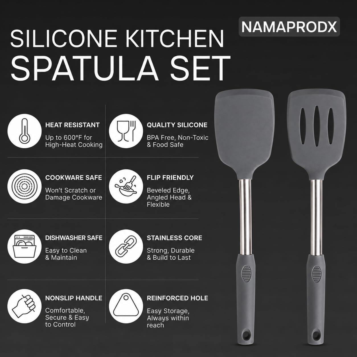 Silicone Spatula Set (2-Pc) - 600°F Heat Resistant, BPA Free, Non-Scratch, Dishwasher Safe I Slotted & Solid Kitchen Spatula Turners I Ideal for Eggs, Pancakes, Fish I Stainless Steel I Gray