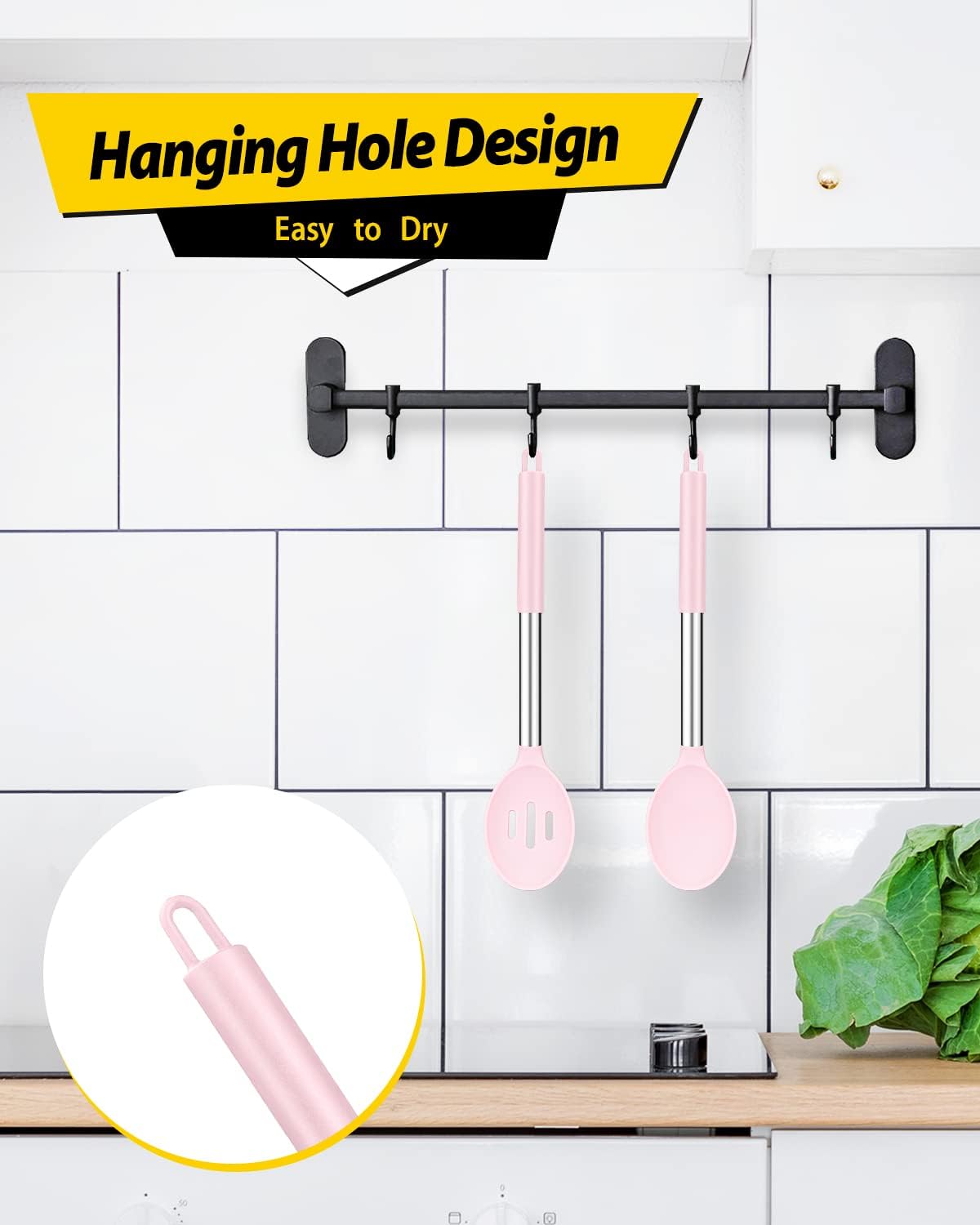 BUNDLEPRO Silicone Cooking Spoons for Nonstick Cookware, 2 Pack, Pink