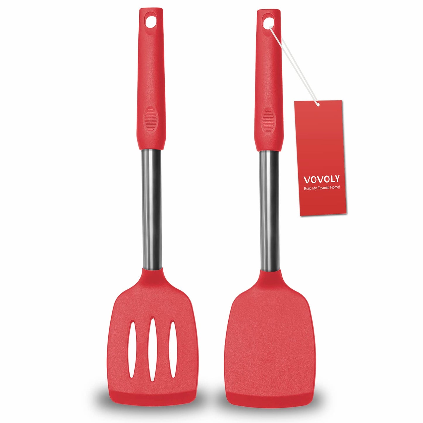 2 Pack Spatulas, Solid & Slotted Silicone Spatula Set, Stainless Steel Handle Coated with Silicone, Non Stick Turners, Heat Resistant Rubber Spatulas for Fish, Eggs, Pancakes, WOK, Black