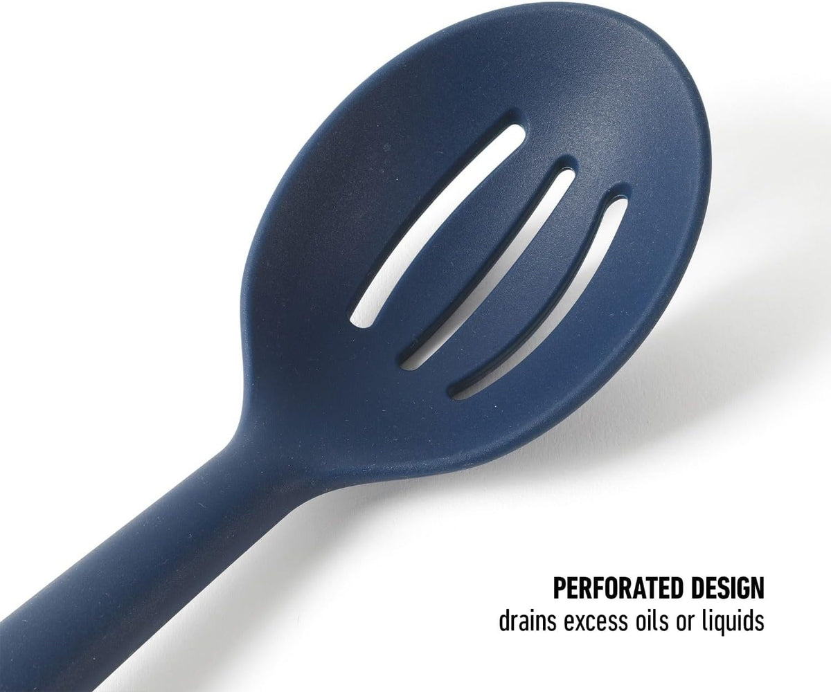 Calphalon Prime Slotted Spoon Skimmer, Stainless Steel Slotted Spoon, Straining Spoon with Navy Silicone Head, Heat-Resistant Nonstick-Safe Kitchen Tool