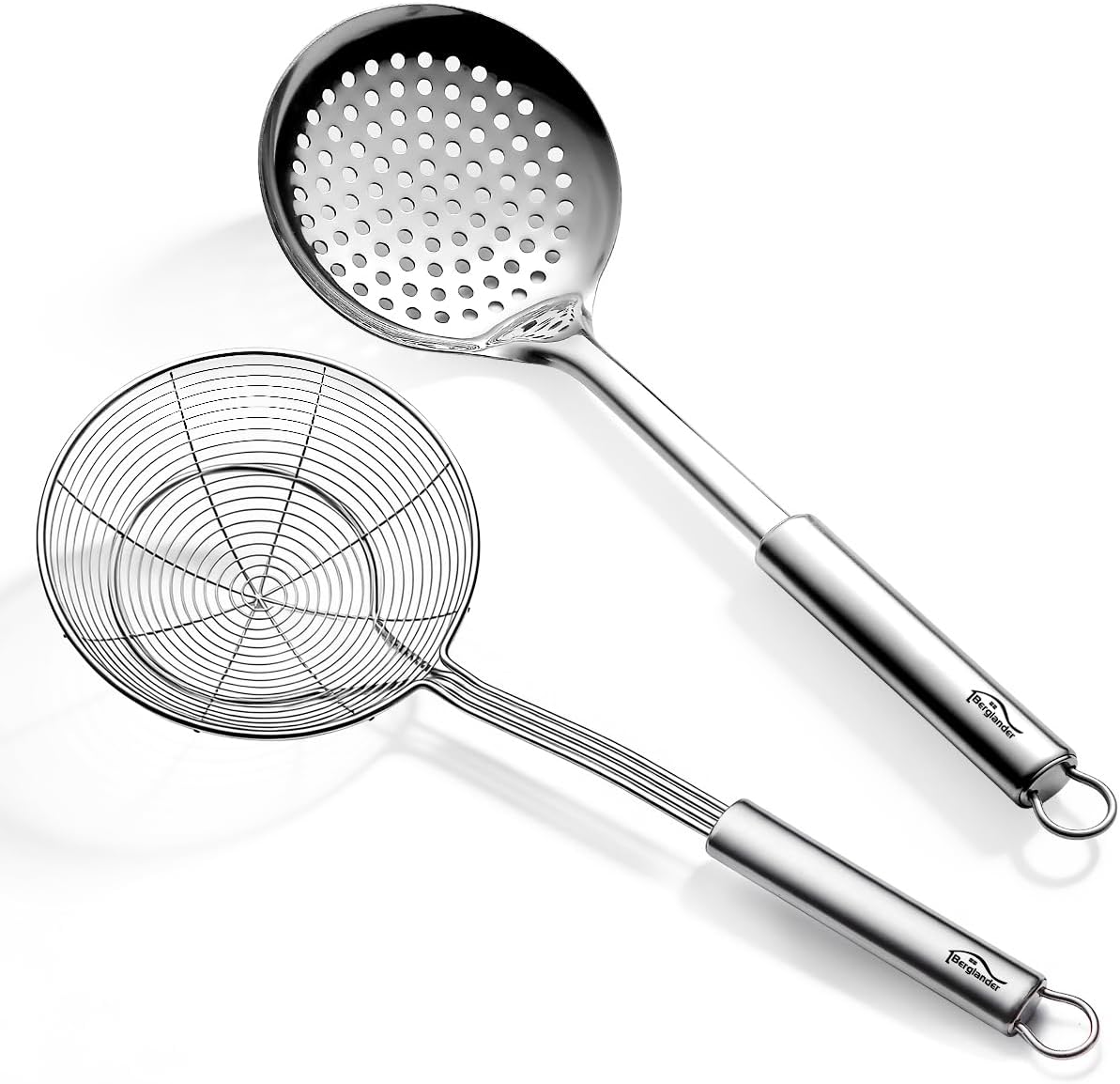 Berglander Spider Strainer Skimmer Ladle 2 Pieces, Stainless Steel Kitchen Skimmer Slotted Spoons for for Straining Pasta/Cooking/Frying, Kitchen Utensils Wire Strainer Pasta Spoon