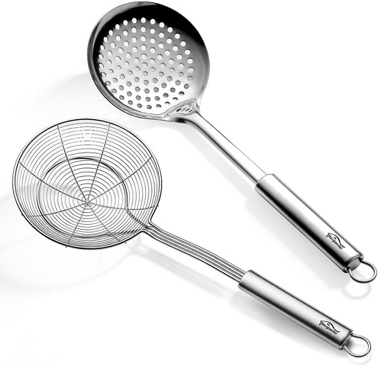 Berglander Spider Strainer Skimmer Ladle 2 Pieces, Stainless Steel Kitchen Skimmer Slotted Spoons for for Straining Pasta/Cooking/Frying, Kitchen Utensils Wire Strainer Pasta Spoon