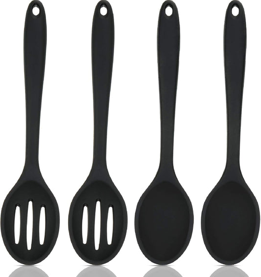 Boao 4 Pcs Silicone Cooking Spoons 10.6 Inch Slotted Nonstick, Black