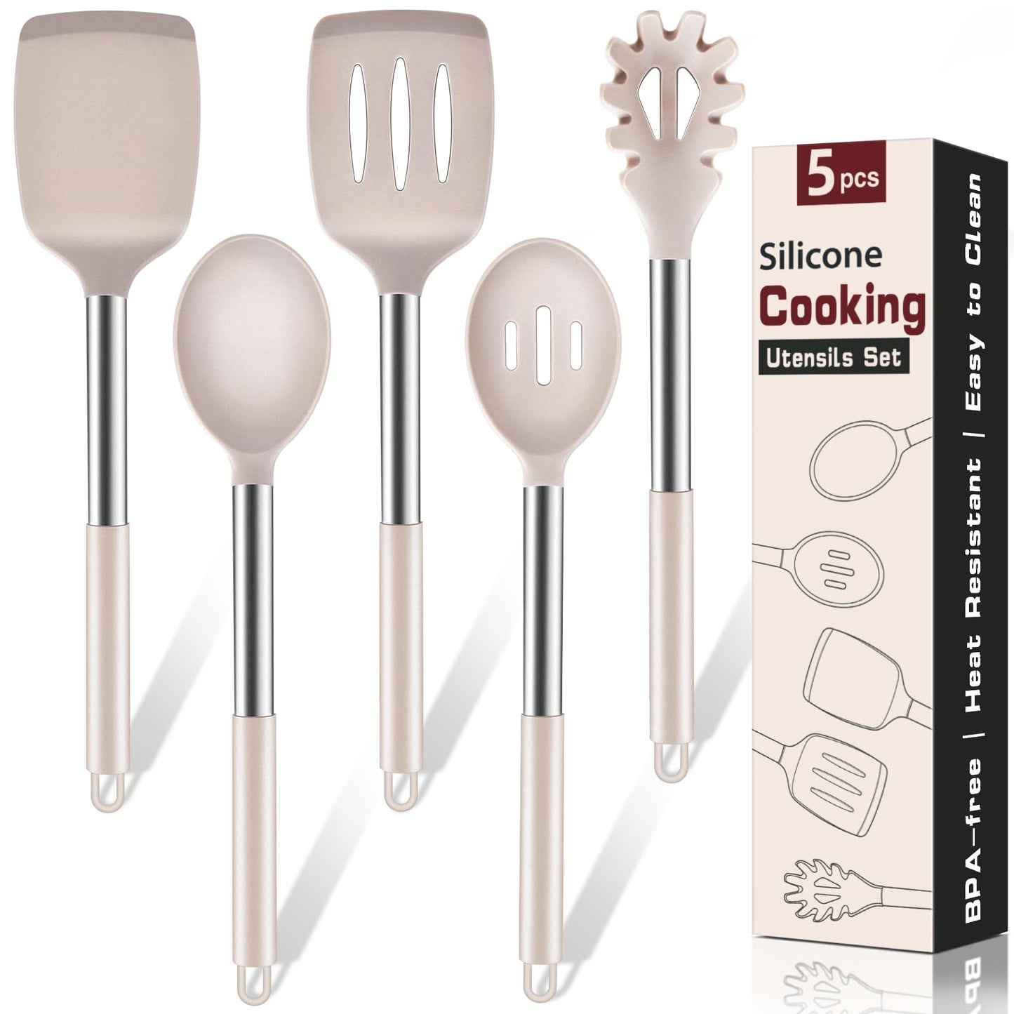 5Pcs Silicone Cooking Utensils Set, Heat Resistant Kitchen Tools Include Solid&Slotted Spatula, Cooking Spoon and Pasta Server, Silicone Kitchen Utensils set for Nonstick Cookware Flipping, Black