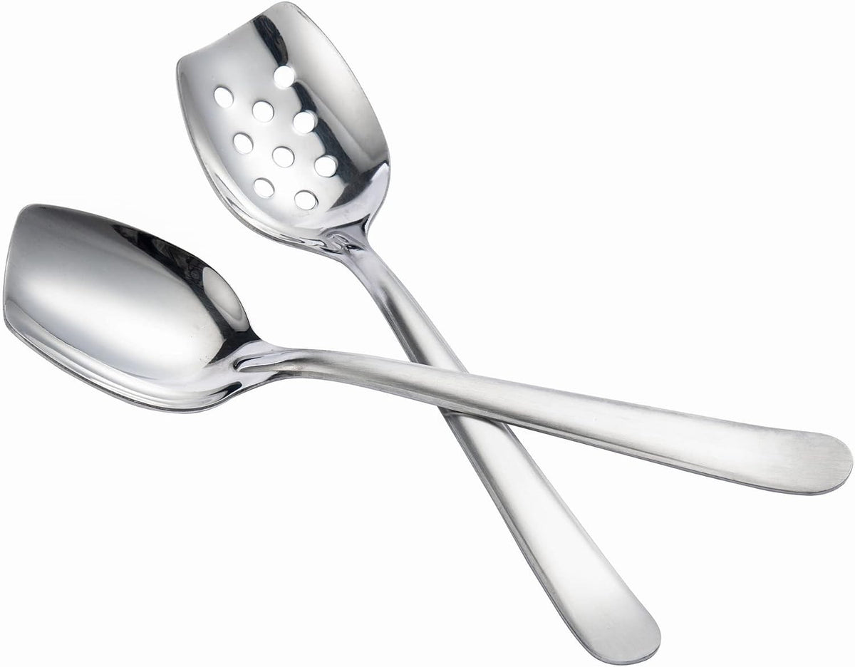 IMEEA 8-Inch Compact Flat Bottom Scraping Cooking Spoon Set of 2, 18/8 Stainless Steel Slotted & Solid Stirring Spoon, Small Kitchen Spoon for Sauces, Eggs, Instant Pot, Small Pan & Bowl