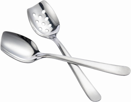 IMEEA 8-Inch Compact Flat Bottom Scraping Cooking Spoon Set of 2, 18/8 Stainless Steel Slotted & Solid Stirring Spoon, Small Kitchen Spoon for Sauces, Eggs, Instant Pot, Small Pan & Bowl