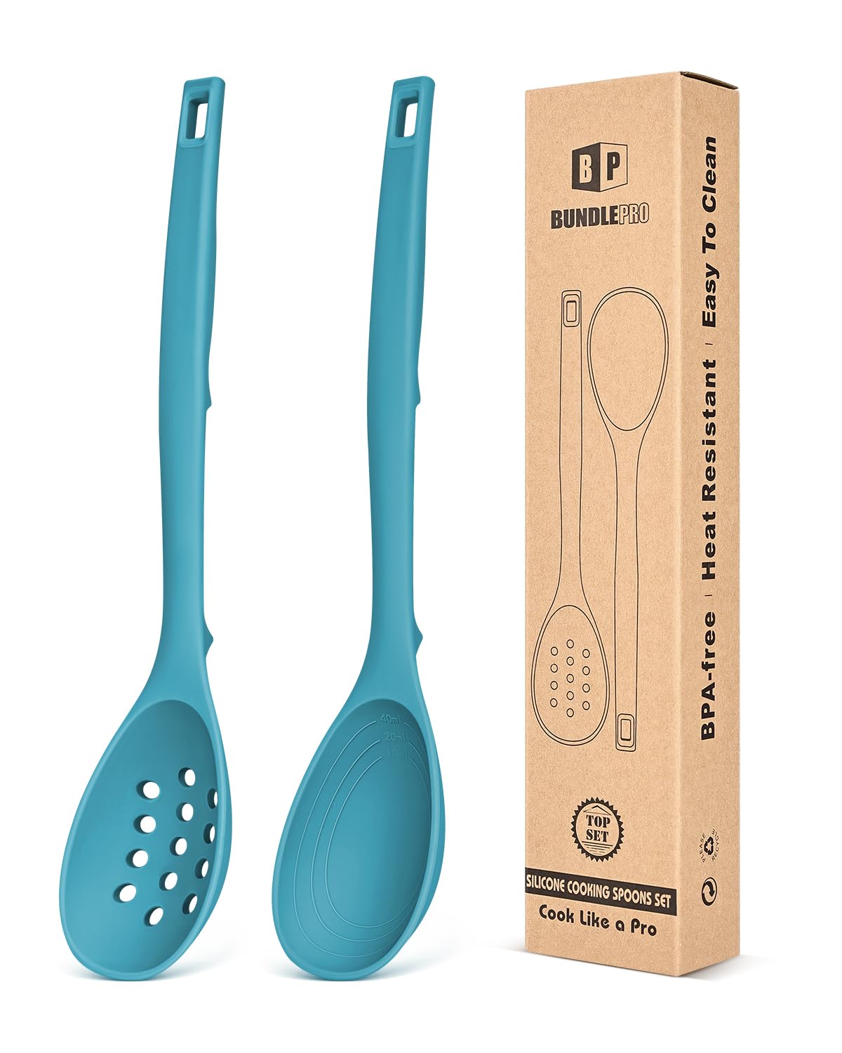 Pack of 2 Silicone Cooking Spoons, Non Stick Solid Kitchen Spoon with Measuring Marks & Back Hooks, Heat Resistant Silicone Slotted Spoon for Cooking, Mixing, Stirring,Serving(KHAKI)