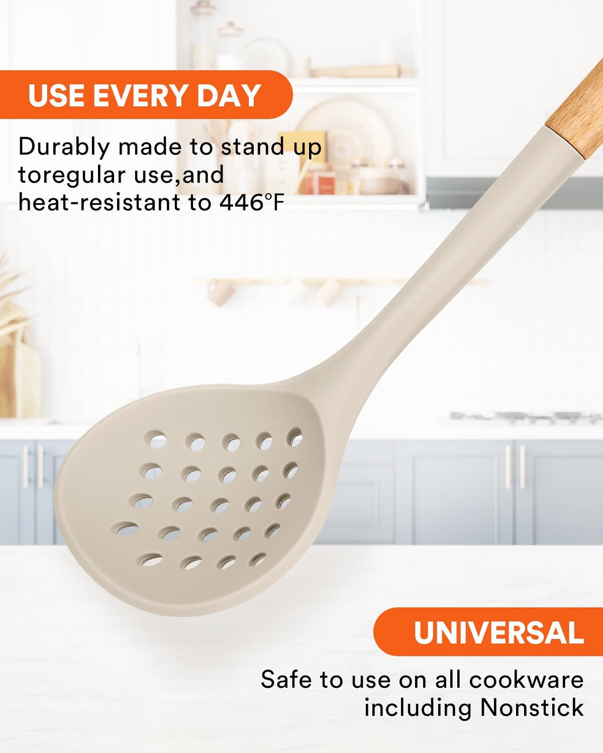 Badiano Silicone Kitchen Ladle Strainer, Large Slotted Spoon,13", Khaki
