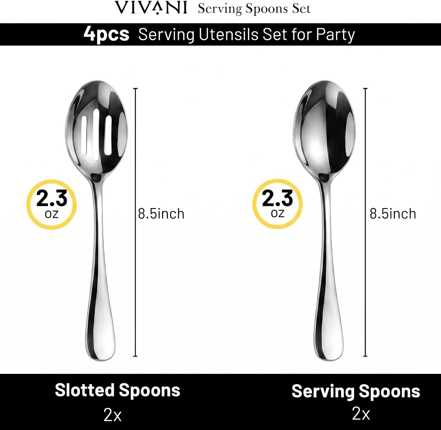 VIVANI 4-Piece Serving Spoons Set, 8.5-Inch Serving Spoon and Slotted Spoon