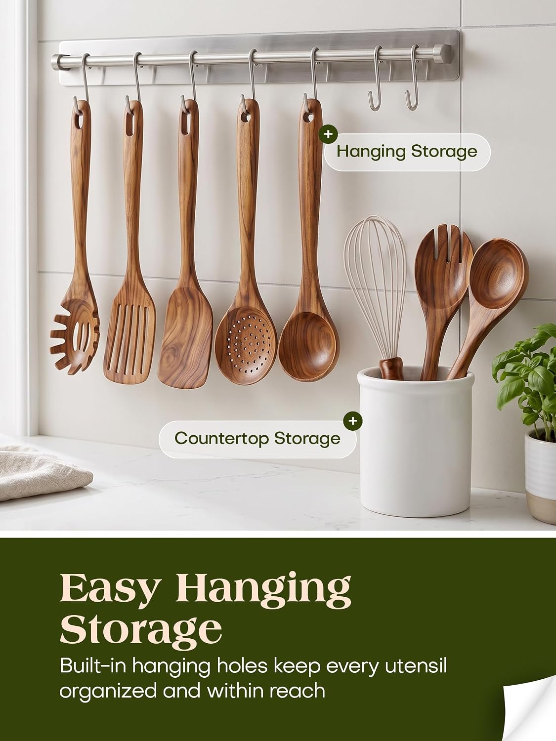 AIUHI 10Pcs Wooden Kitchen Utensils, Teak Wood Utensil Set for Kitchen, Heat-resistant Wooden Spoons for Cooking, Nonstick Wood Spatula Soup Ladle Tong Egg Whisk