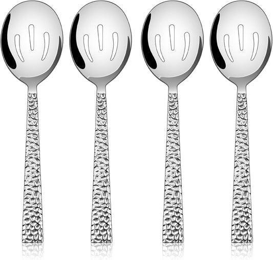 E-far Hammered Slotted Serving Spoons, 4-Piece Stainless Steel Tablespoons Hostess Serving Utensils Set for Catering Buffet Party Wedding Kitchen Restaurant, Dishwasher Safe
