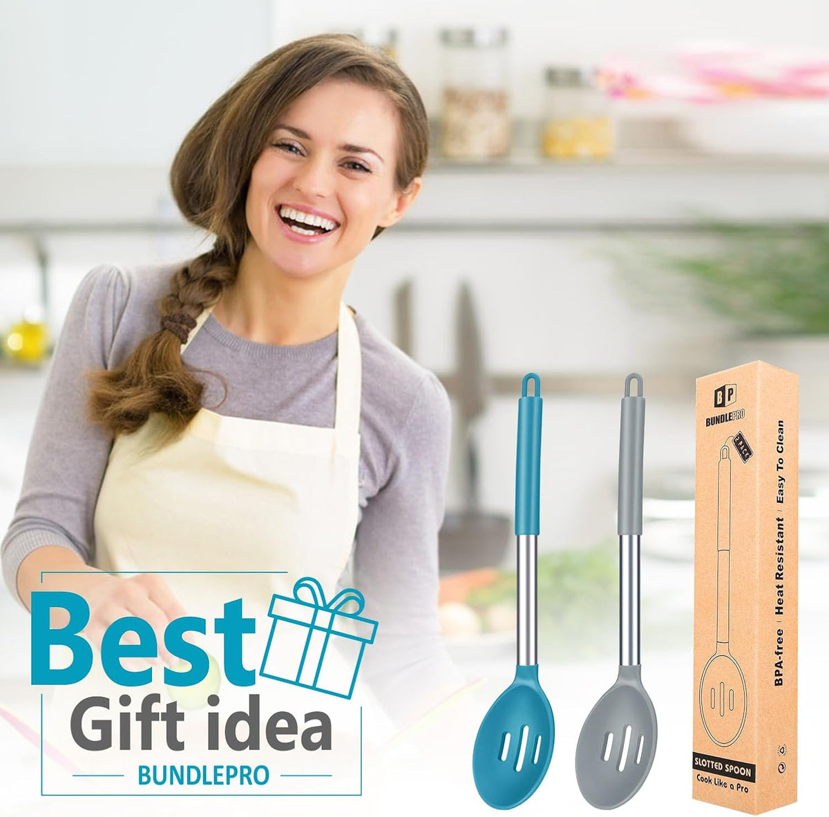 BUNDLEPRO Large Silicone Slotted Spoon, 2 Pack, Gray-Blue