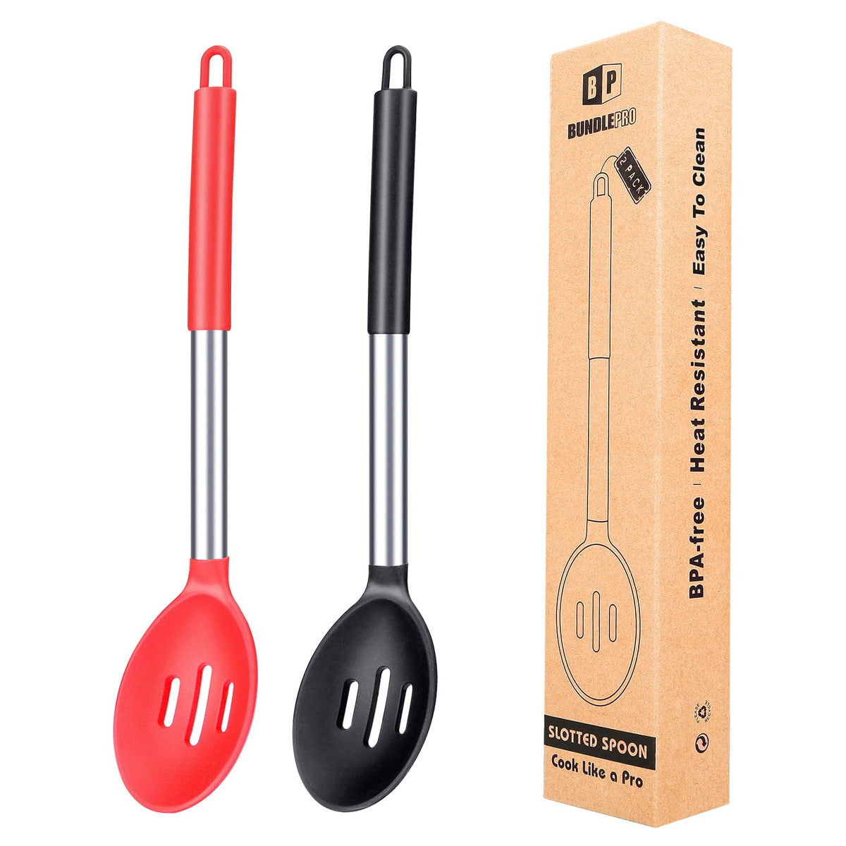 BUNDLEPRO Large Silicone Slotted Spoon, 2 Pack, Gray-Blue
