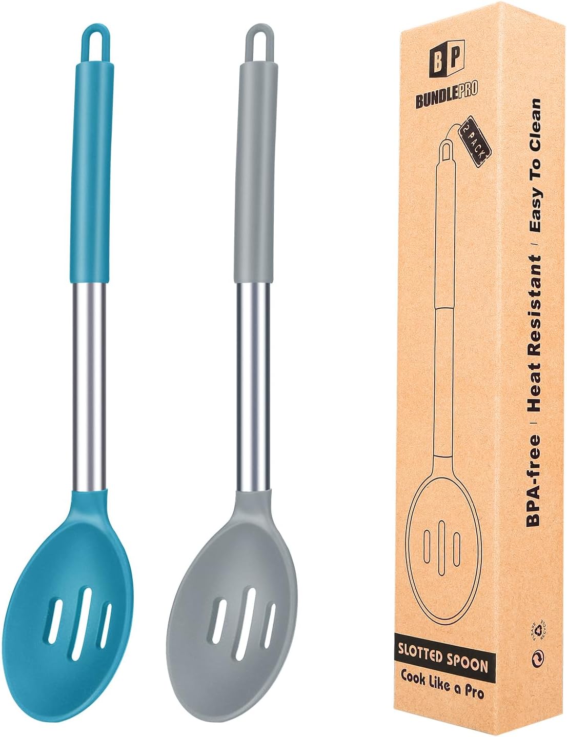 BUNDLEPRO Large Silicone Slotted Spoon, 2 Pack, Gray-Blue