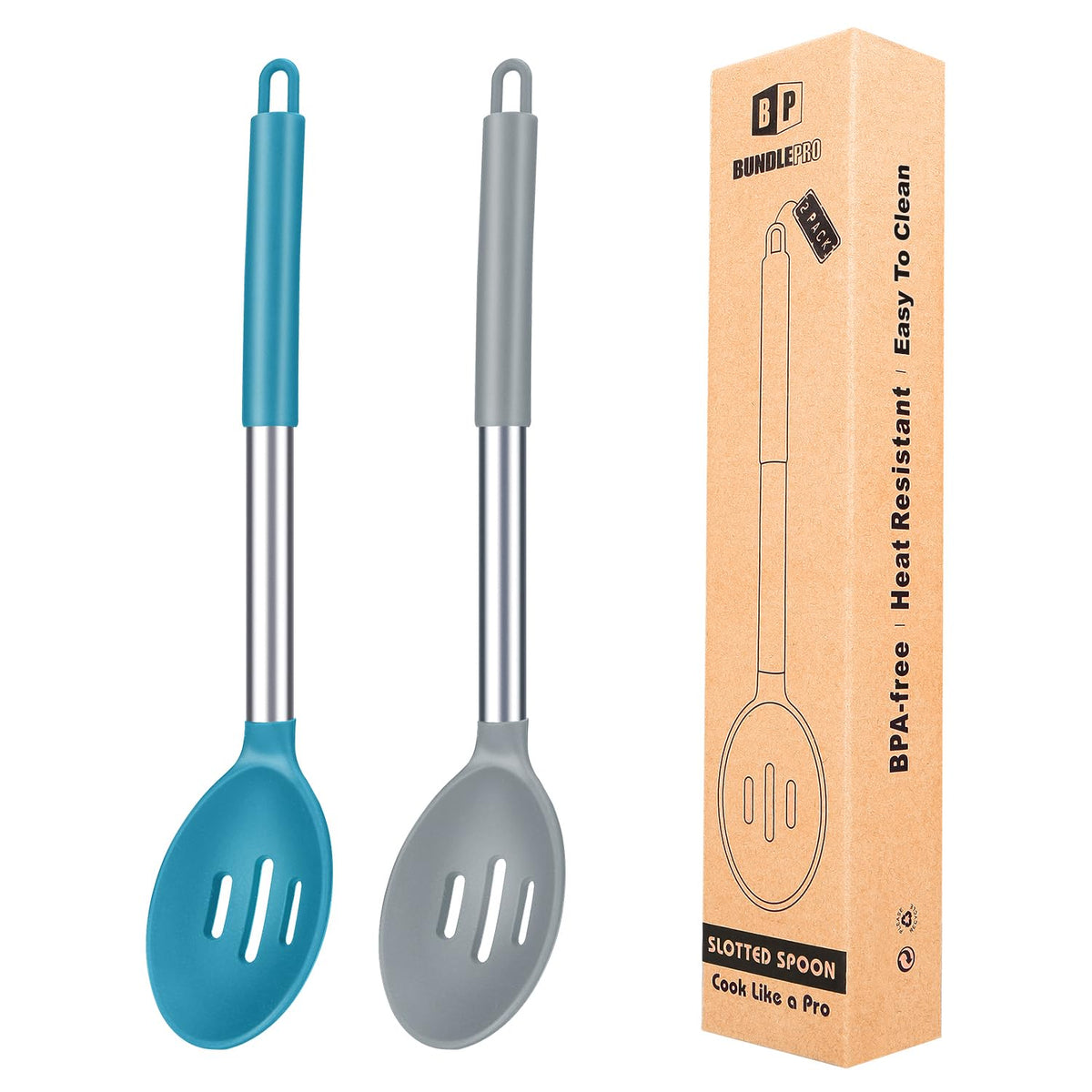 BUNDLEPRO Large Silicone Slotted Spoon, 2 Pack, Gray-Blue