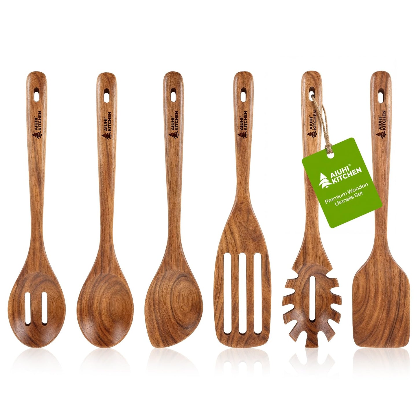 AIUHI 10Pcs Wooden Kitchen Utensils, Teak Wood Utensil Set for Kitchen, Heat-resistant Wooden Spoons for Cooking, Nonstick Wood Spatula Soup Ladle Tong Egg Whisk
