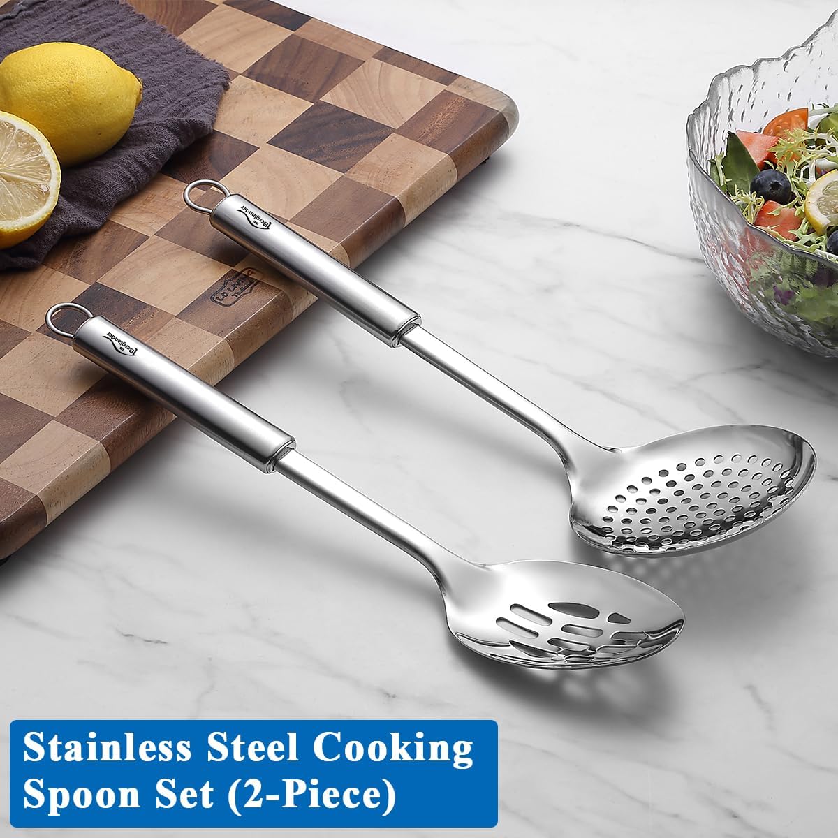 Berglander Kitchen Skimmer Slotted Spoons for Straining 2 pcs 13", Stainless Steel Kitchen Spider Strainer Ladle Spoon for Straining Pasta/Cooking/Frying/Noodle, Metal Kitchen Utensils Pasta Spoon