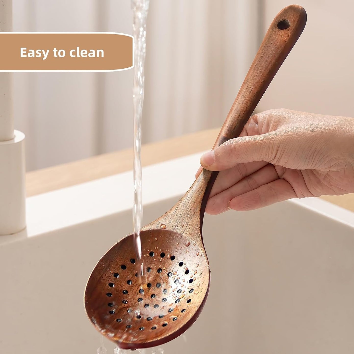 AOOSY Wooden Strainer Spoon,11" Wooden Slotted Spoon for Cooking