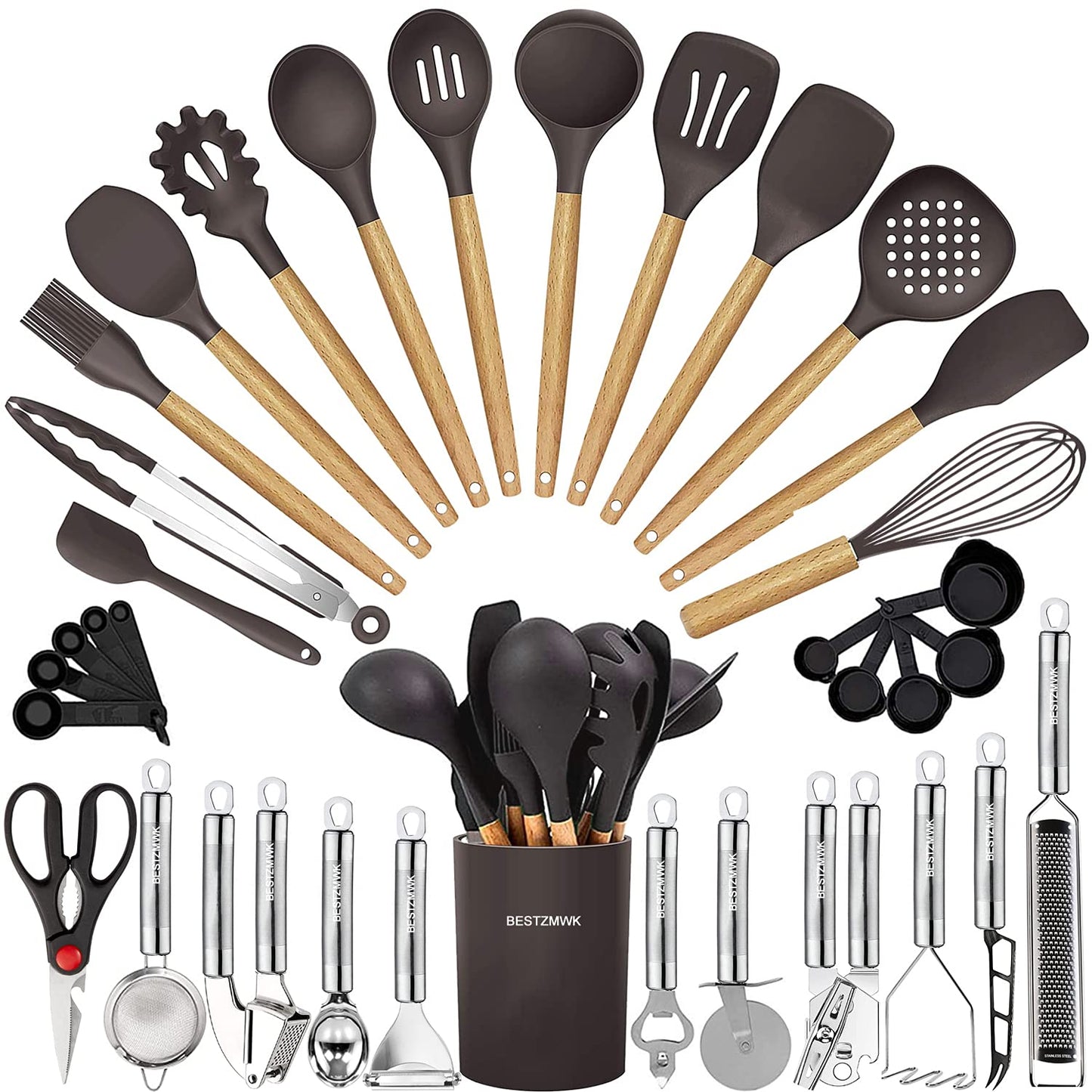 Kitchen Utensils Set- 35 PCs Cooking Utensils with Grater,Tongs, Spoon Spatula &Turner Made of Heat Resistant Food Grade Silicone and Wooden Handles Kitchen Gadgets Tools Set for Nonstick Cookware