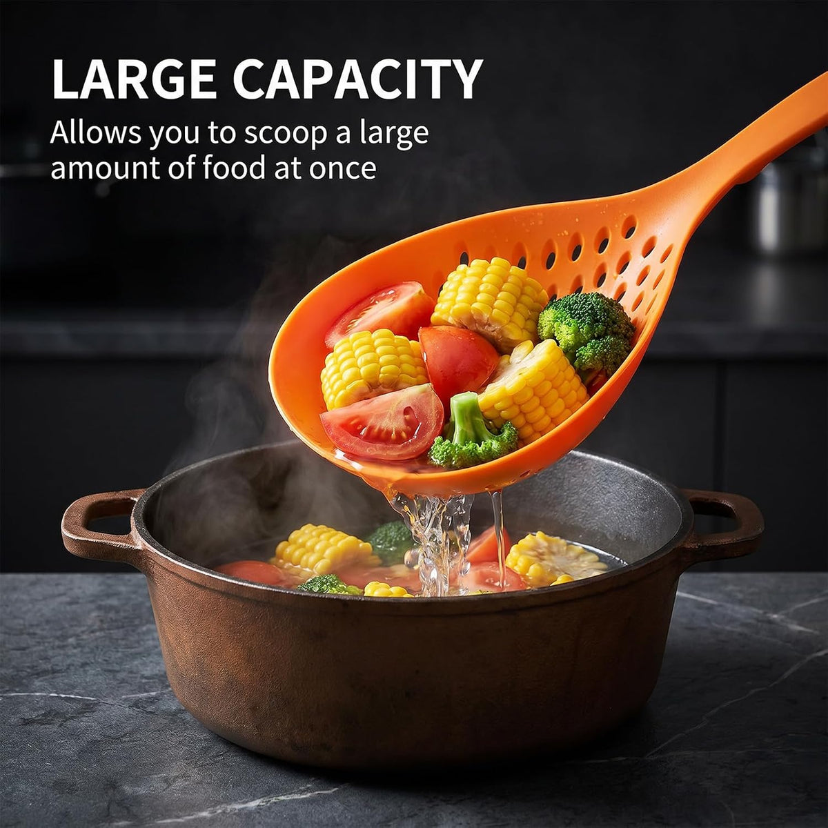4 Pcs Scoop Colander Strainer Spoon, Big Plastic Slotted Spoon Heat Resistant Nylon Kitchen Utensils for Cooking Pasta Vegetables Dumplings, Large Orange and White
