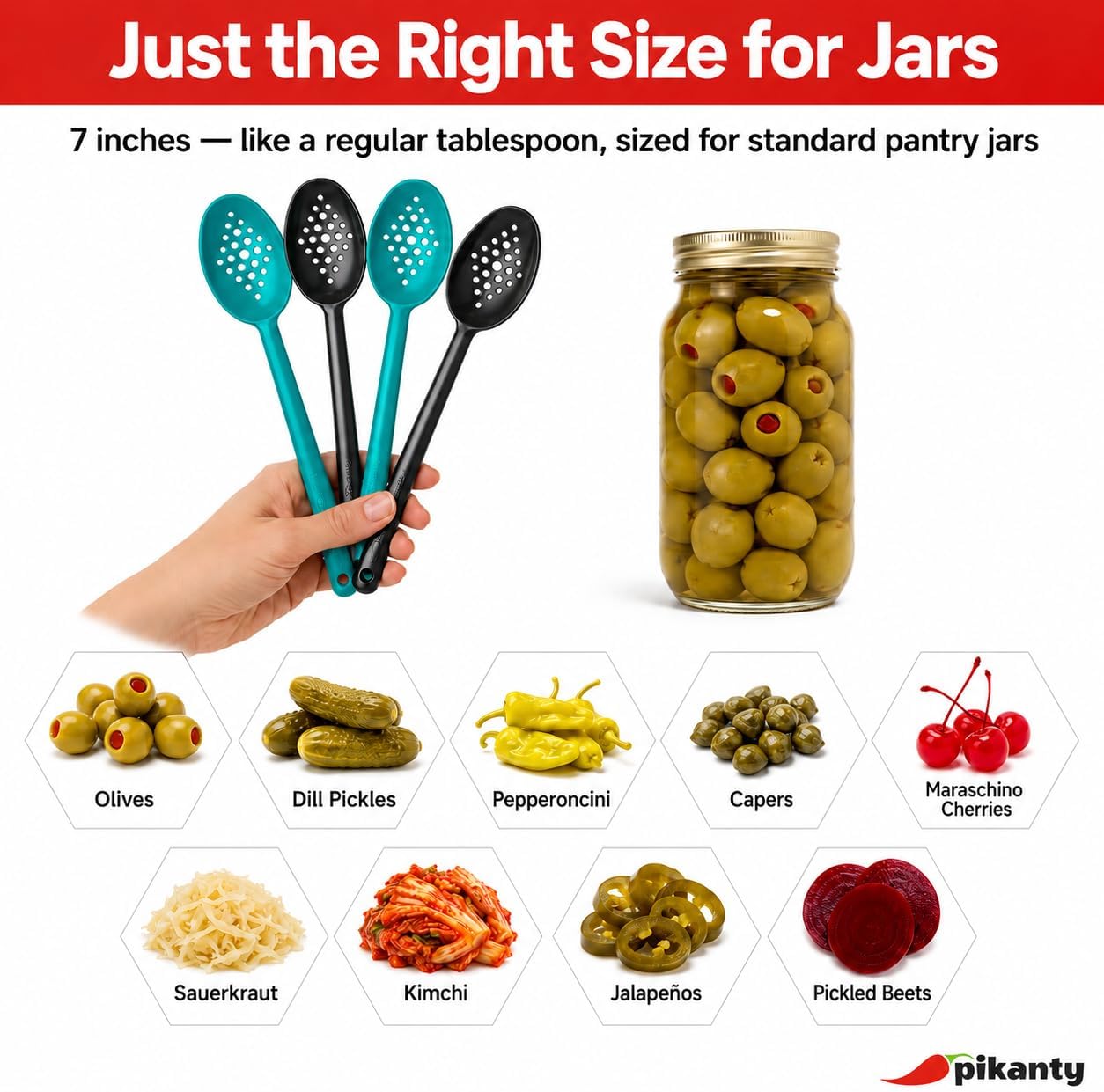 Olive and Pickle Spoon Set of 4, 7-Inch Small Slotted Serving Utensils for Jars, Teal and Black, Perfect for Olives, Pickles, Capers, Pepperoncini, Cherries, Dishwasher Safe, Made in USA by Pikanty