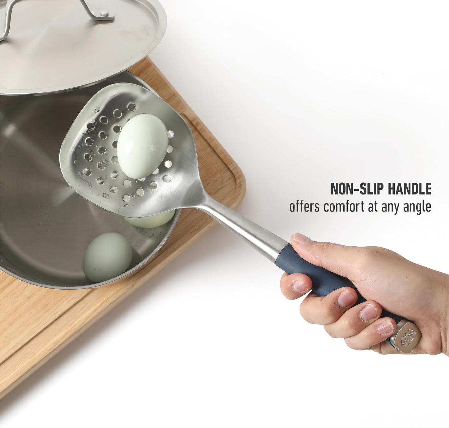 Calphalon Edge Stainless Steel Slotted Spoon/Skimmer, Kitchen Strainer Spoon, Skimmer with Silicone Heat Resistance Handle, Slotted Cooking Tool for Draining and Skimming (Blue)