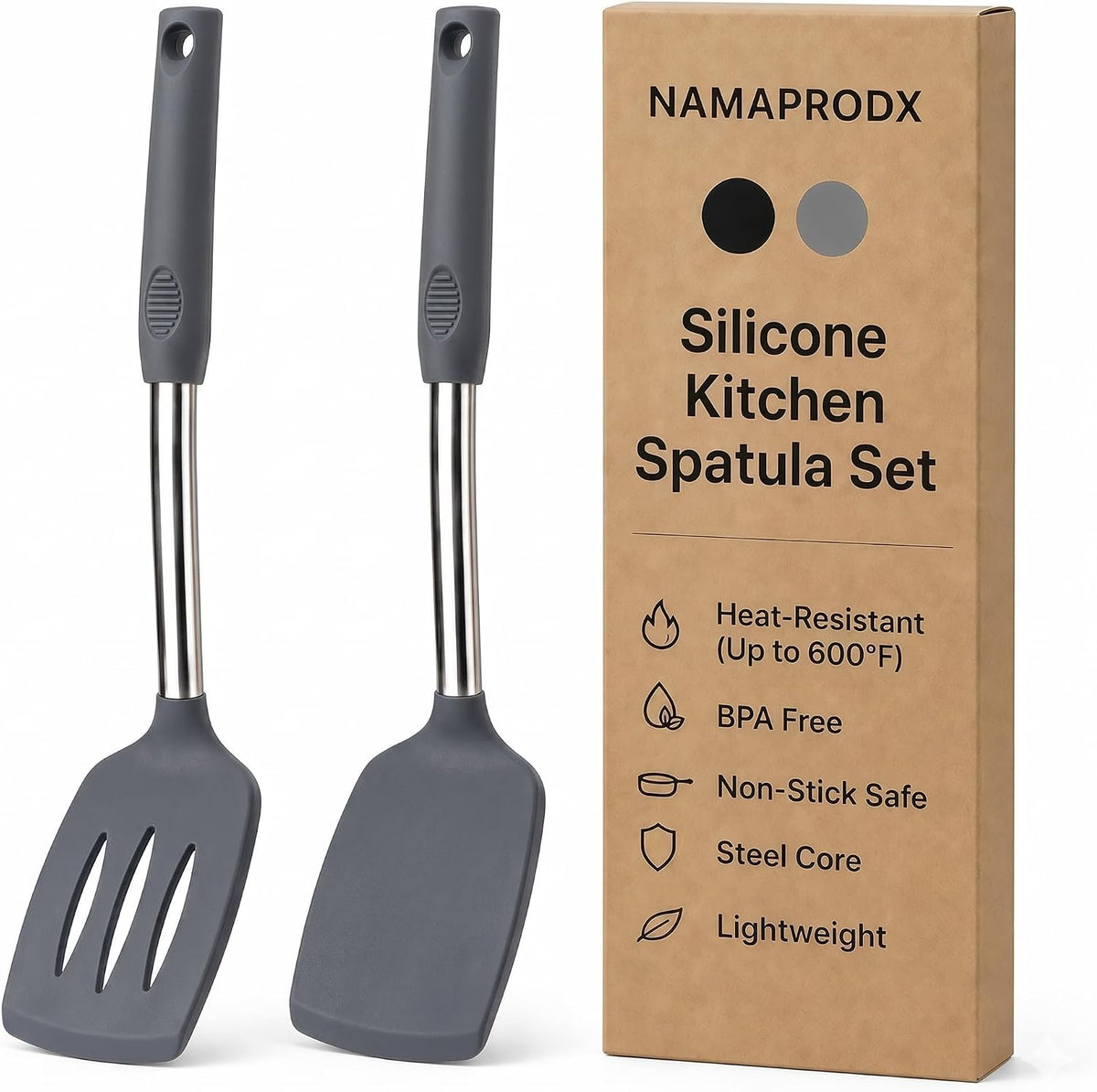 Silicone Spatula Set (2-Pc) - 600°F Heat Resistant, BPA Free, Non-Scratch, Dishwasher Safe I Slotted & Solid Kitchen Spatula Turners I Ideal for Eggs, Pancakes, Fish I Stainless Steel I Gray