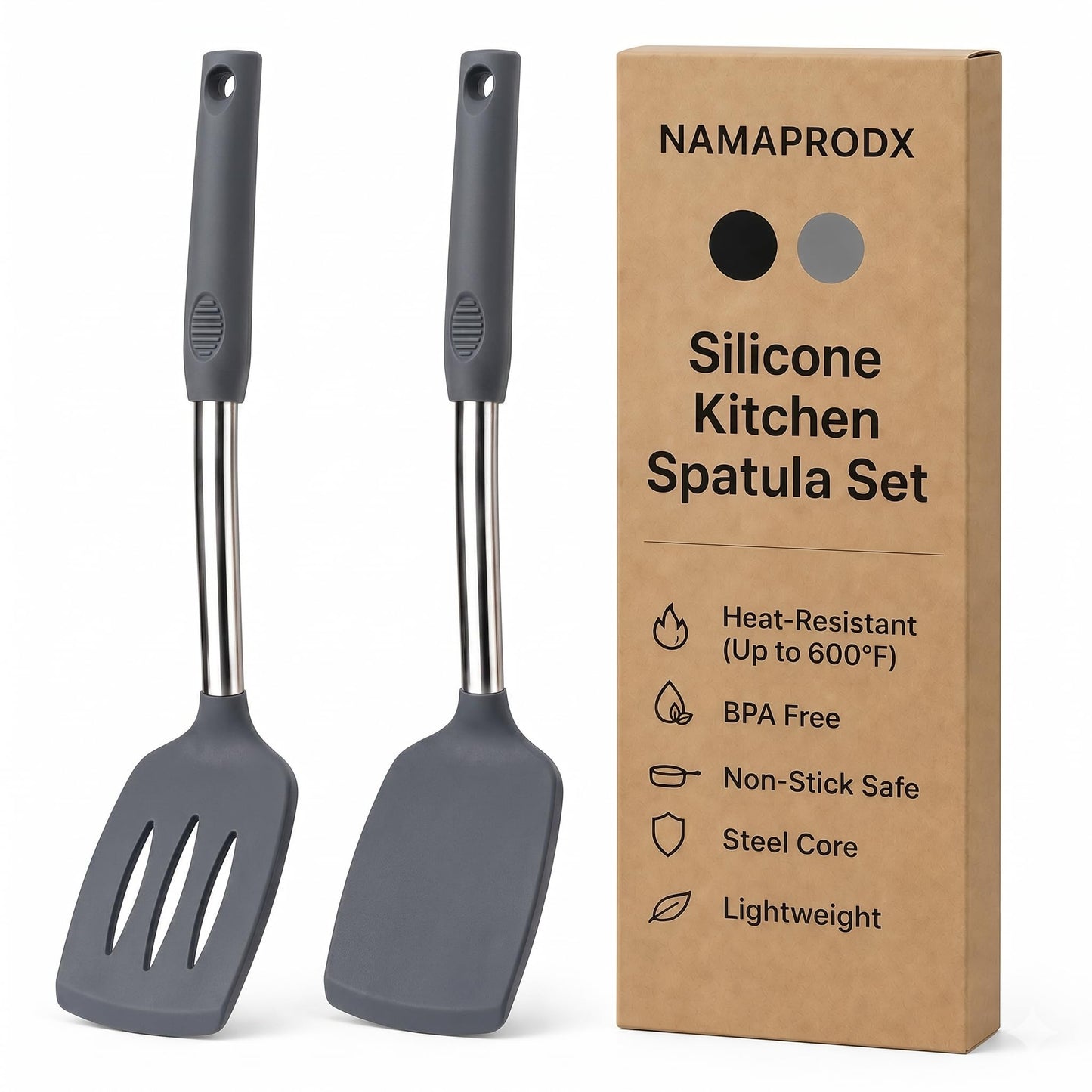 Silicone Spatula Set (2-Pc) - 600°F Heat Resistant, BPA Free, Non-Scratch, Dishwasher Safe I Slotted & Solid Kitchen Spatula Turners I Ideal for Eggs, Pancakes, Fish I Stainless Steel I Gray